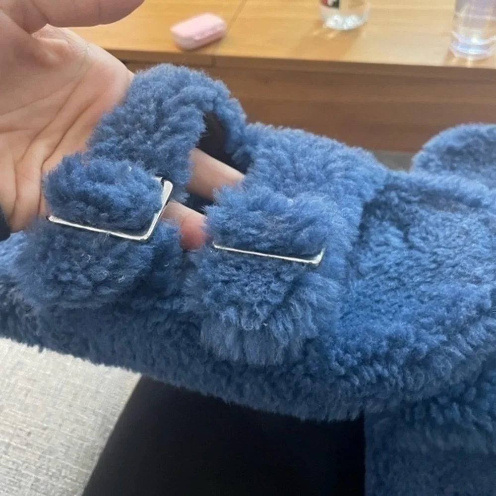 Teddy Slippers Plush Slides Blue Size 11 or Size 12